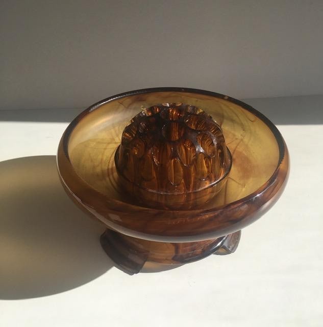 Davidson, Art Deco Cloud Glass Trio In Amber, Posey Bowl, Pedestal & Frog, Circa 1930 No2 - 10