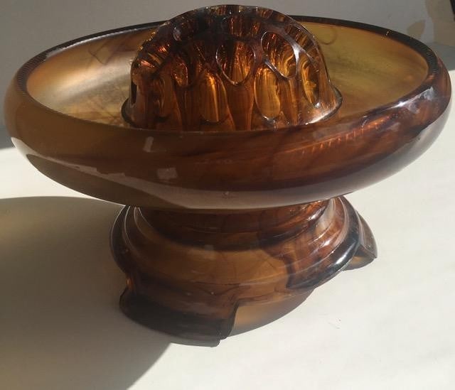 Davidson, Art Deco Cloud Glass Trio In Amber, Posey Bowl, Pedestal & Frog, Circa 1930 No2 - 11