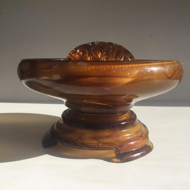 Davidson, Art Deco Cloud Glass Trio In Amber, Posey Bowl, Pedestal & Frog, Circa 1930 No2 - 12