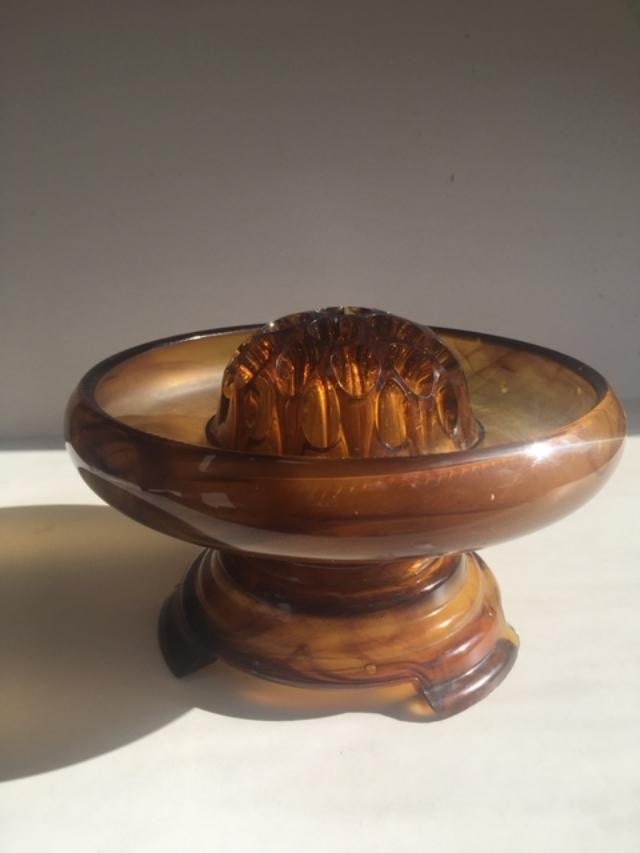 Davidson, Art Deco Cloud Glass Trio In Amber, Posey Bowl, Pedestal & Frog, Circa 1930 No2 - 14