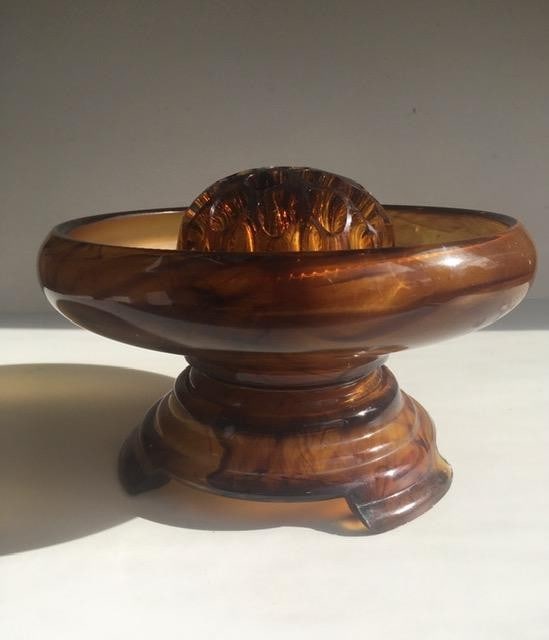Davidson, Art Deco Cloud Glass Trio In Amber, Posey Bowl, Pedestal & Frog, Circa 1930 No2: Title: Davidson, Art Deco Cloud Glass Trio In Amber, Posey Bowl, Pedestal & Frog, Circa 1930 No2 Description: Davidson, Art Deco Cloud Glass Trio in Amber, Posey Bowl, pedestal & frog, circa 1930