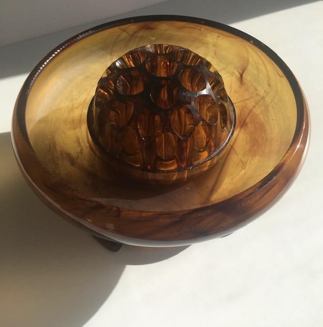 Davidson, Art Deco Cloud Glass Trio In Amber, Posey Bowl, Pedestal & Frog, Circa 1930 No2 - 2
