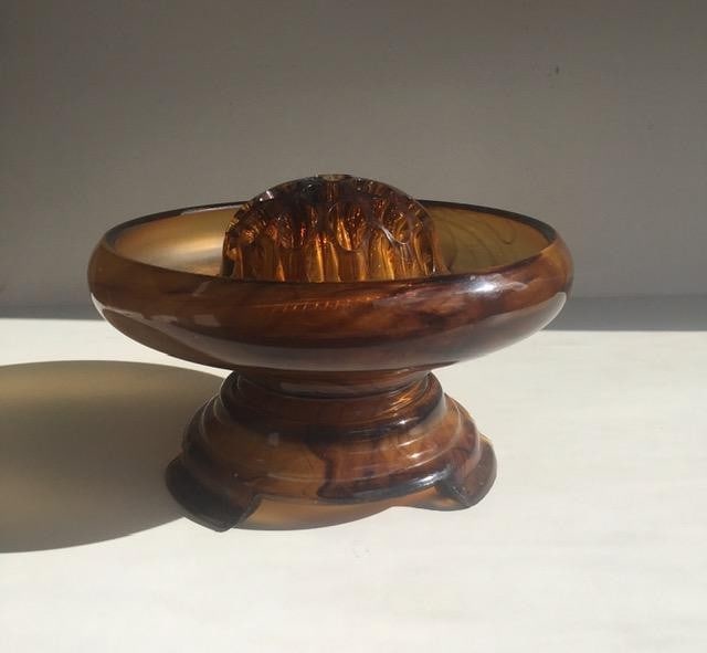 Davidson, Art Deco Cloud Glass Trio In Amber, Posey Bowl, Pedestal & Frog, Circa 1930 No2 - 9
