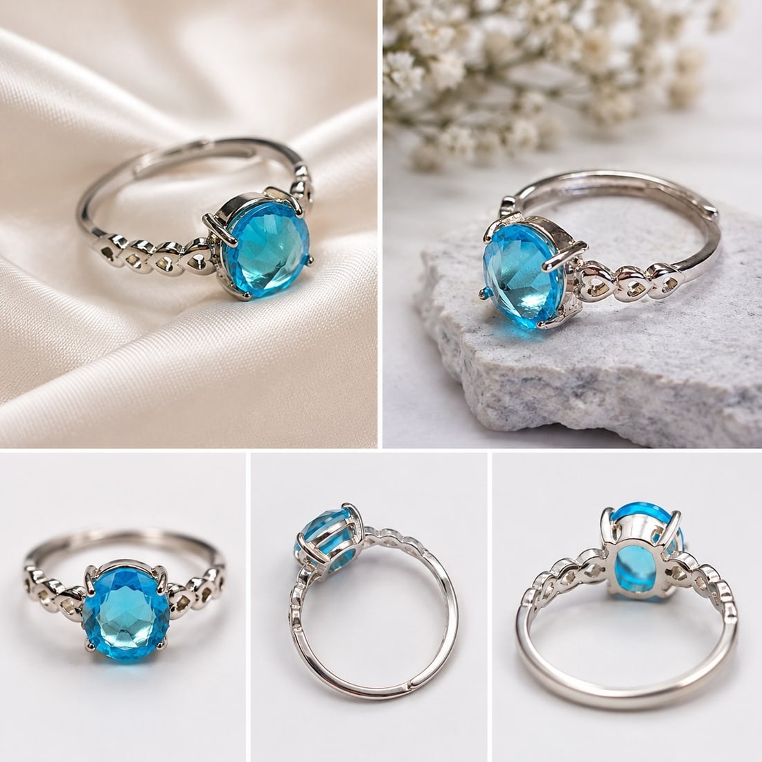 Synthetic Blue Topaz Adjustable Ring – Silver Tone Metal Setting: Title: Synthetic Blue Topaz Adjustable Ring – Silver Tone Metal Setting Description: Elegant adjustable ring featuring a sparkling synthetic Blue Topaz in a classic oval faceted cut. The