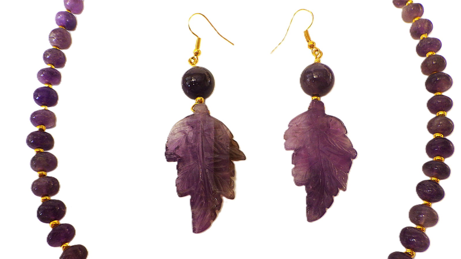 Amethyst necklace & earrings set with hand carved leaves - 2