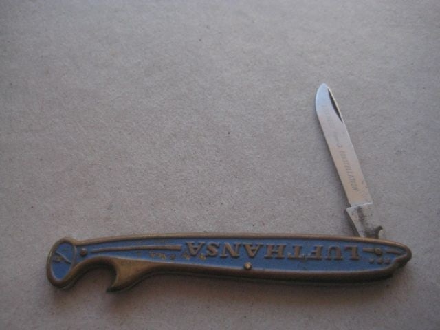 Vintage Lufthansa Folding Penknife, c1940: Title: Vintage Lufthansa Folding Penknife, c1940 Description: Vintage Lufthansa Penknife and Bottle Opener in the form of an Aeroplane. Dates to around 1940. 