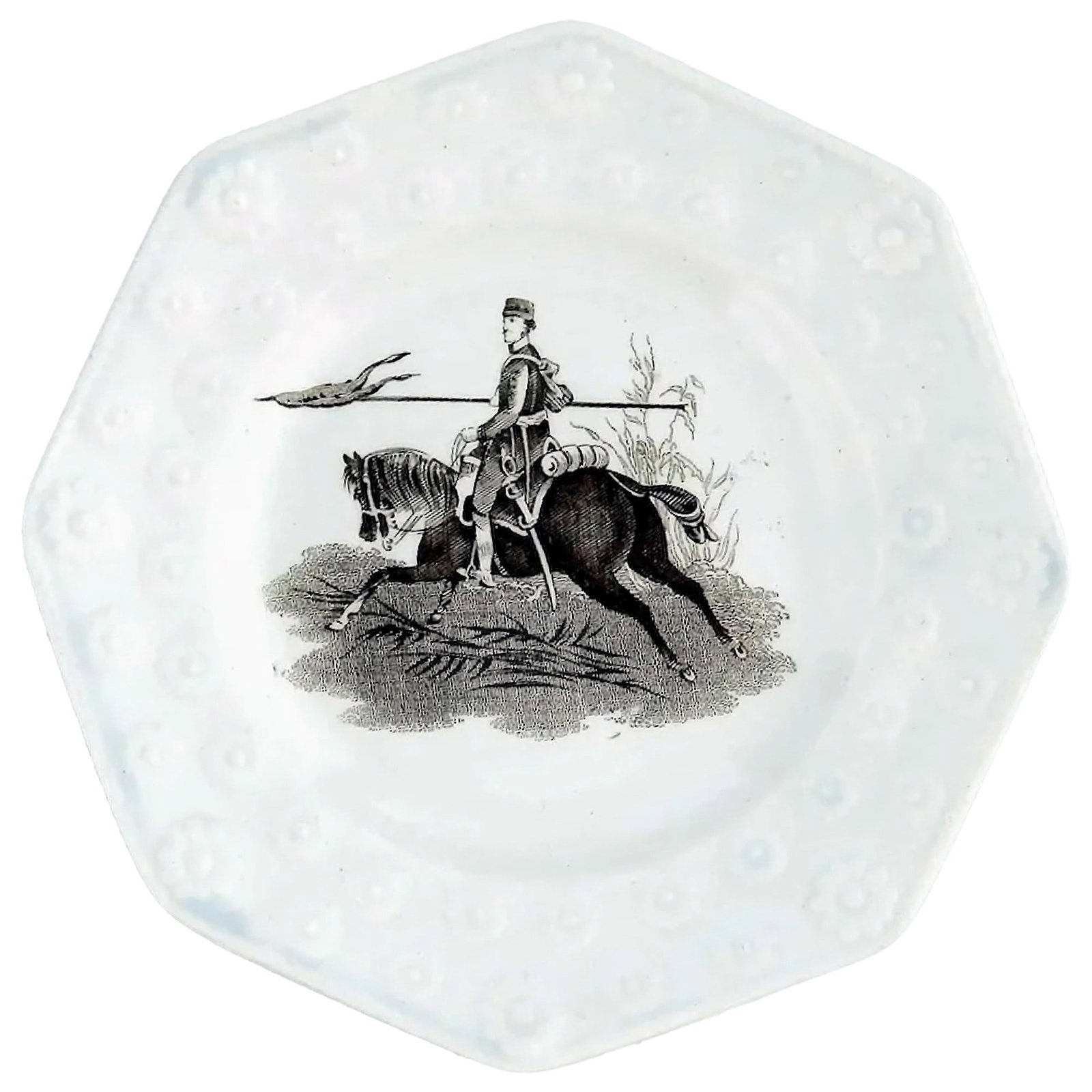 Unusual antique Staffordshire pottery daisy border Military Nursery Plate C.19th: Title: Unusual antique Staffordshire pottery daisy border Military Nursery Plate C.19th Description: An unusual Antique Staffordshire pottery Nursery Plate having a moulded daisy flowerhead decor