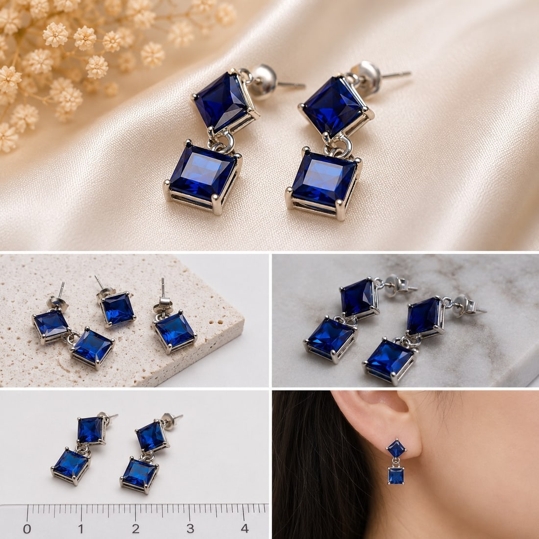 Blue Sapphire Style Geometric Dangle Earrings – Silver Tone Drop Earrings: Title: Blue Sapphire Style Geometric Dangle Earrings – Silver Tone Drop Earrings Description: Elegant geometric dangle earrings featuring deep blue square-cut stones in a silver-tone setting.