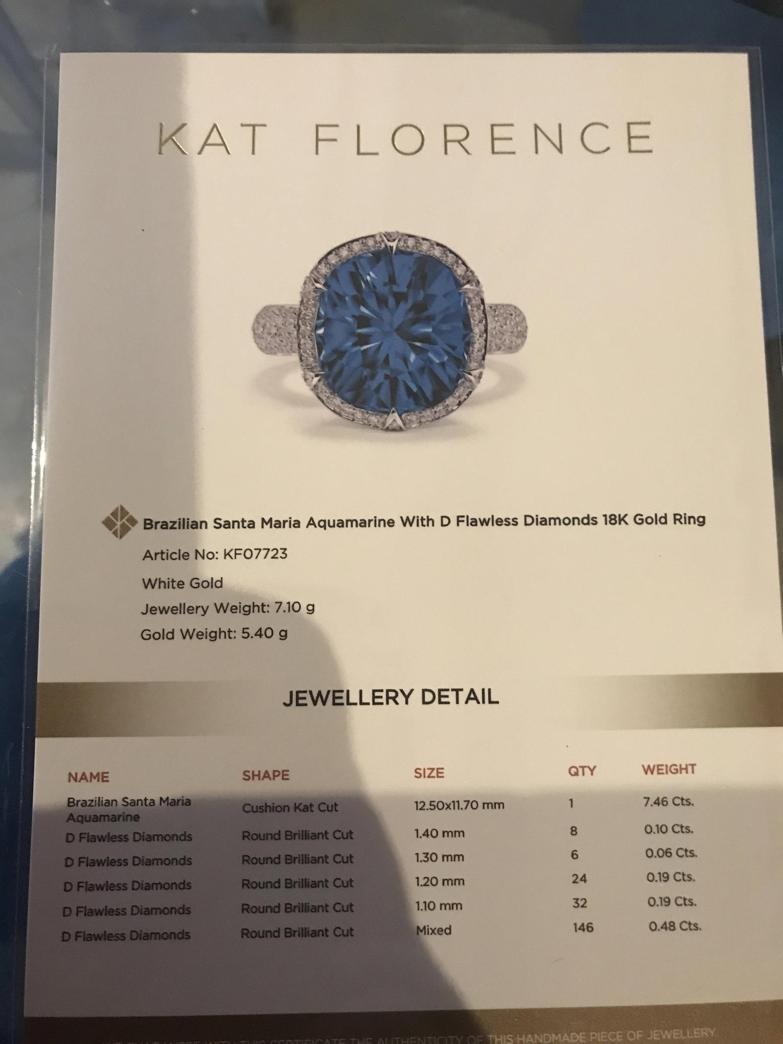 Brazilian Santa Maria Aquamarine Gold Ring: Title: Brazilian Santa Maria Aquamarine Gold Ring Description: Ring Kat Florence No KF07723 Brazilian Santa Maria Aquamarine with D Flawless Diamonds 18K Gold Ring White Gold Jewellery weight : 7,10