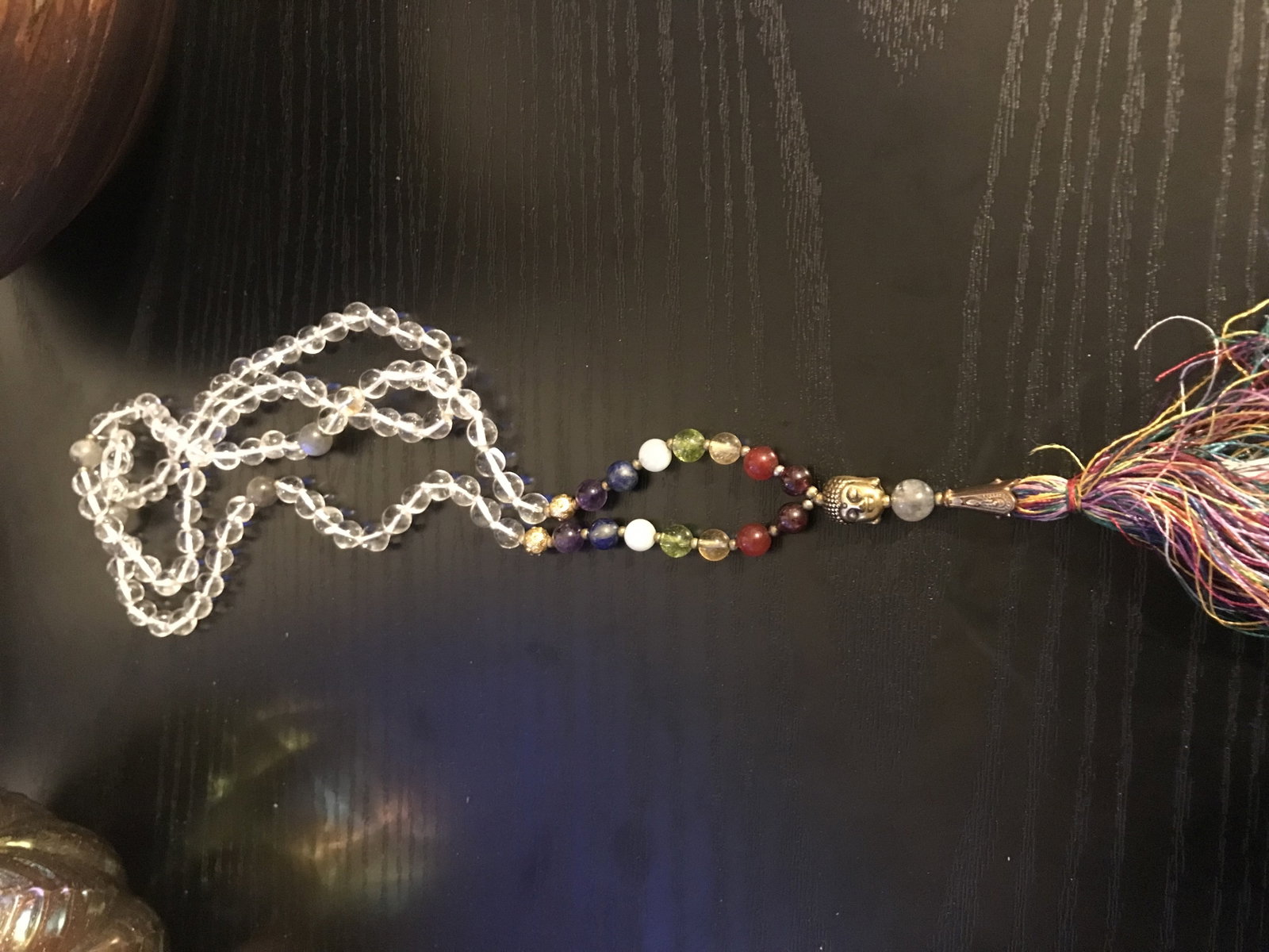 Clear Quartz Long Bead Necklace With Buddha Charm and Tassle - 2