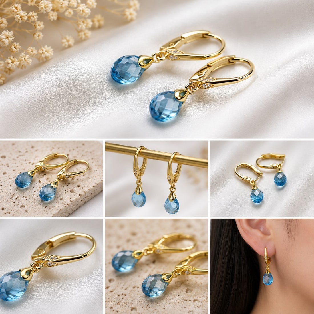 Natural Blue Topaz Drop Earrings – Gold Tone Leverback Earrings – Elegant Faceted Gemsto: Title: Natural Blue Topaz Drop Earrings – Gold Tone Leverback Earrings – Elegant Faceted Gemstone Jewelry Description: Elegant drop earrings featuring genuine natural Blue Topaz gemstones