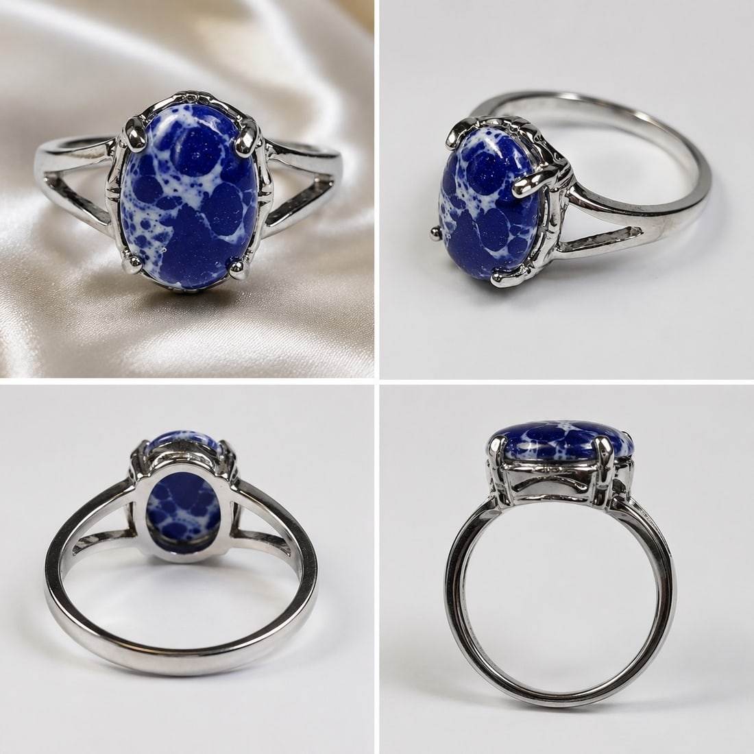 Blue & White Oval Cabochon Ring Size 18 – Silver Tone Metal Setting – Elegant Statement : Title: Blue & White Oval Cabochon Ring Size 18 – Silver Tone Metal Setting – Elegant Statement Ring Description: Elegant size 18 ring featuring a polished blue and white oval cabochon