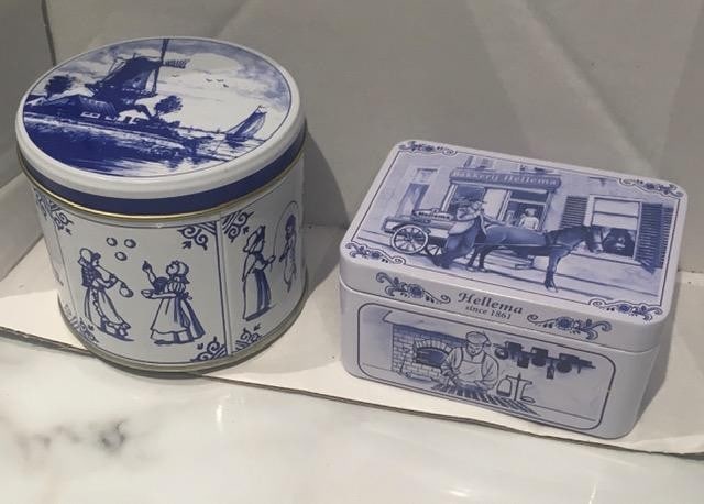 Two Dutch Tins, Folk Art and Utility Scenes, One Circular and One Retangular: Title: Two Dutch Tins, Folk Art and Utility Scenes, One Circular and One Retangular Description: Two Quaint functional and utility tins Description : Tin storage tins from Holland, age unknown,
