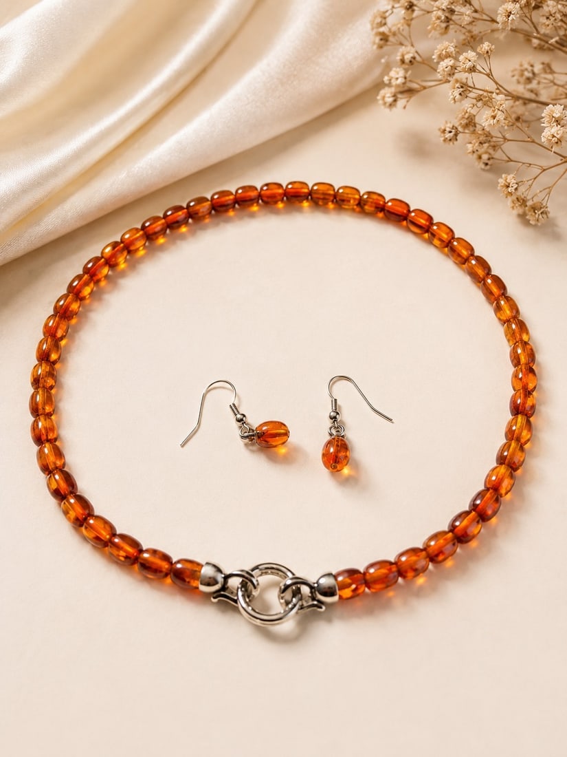 Natural Baltic Amber Necklace & Matching Earrings Set – Honey Cognac Amber Beads – Elega: Title: Natural Baltic Amber Necklace & Matching Earrings Set – Honey Cognac Amber Beads – Elegant Jewelry G Description: Beautiful jewelry set featuring a natural Baltic amber bead