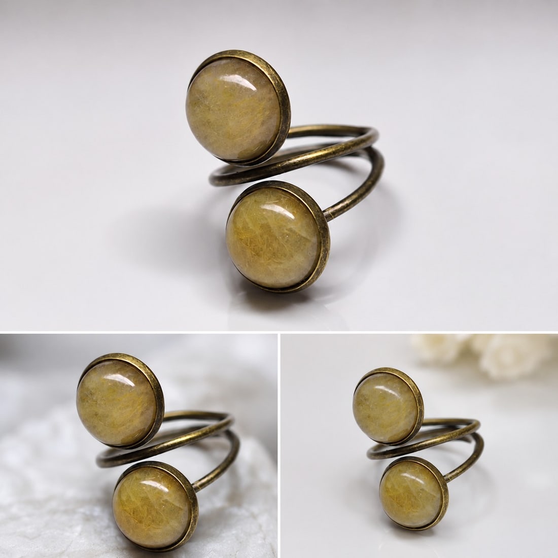 Vintage Style Adjustable Double Cabochon Ring: Title: Vintage Style Adjustable Double Cabochon Ring Description: Elegant vintage-style adjustable ring featuring two polished round cabochon gemstones set in an antique bronze-tone finish. The open