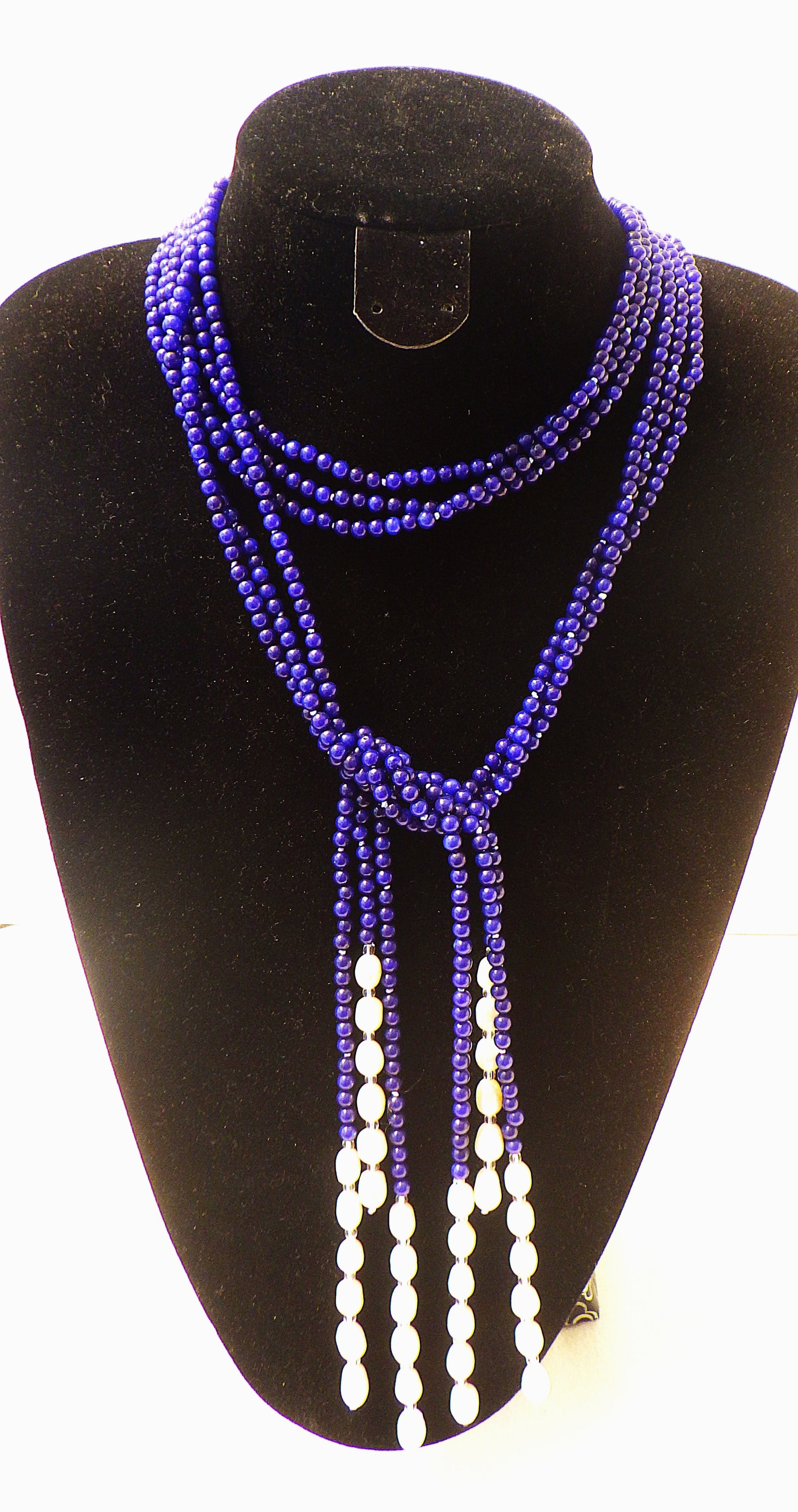 Three long row necklace with blue onyx and natural pearls. - 3