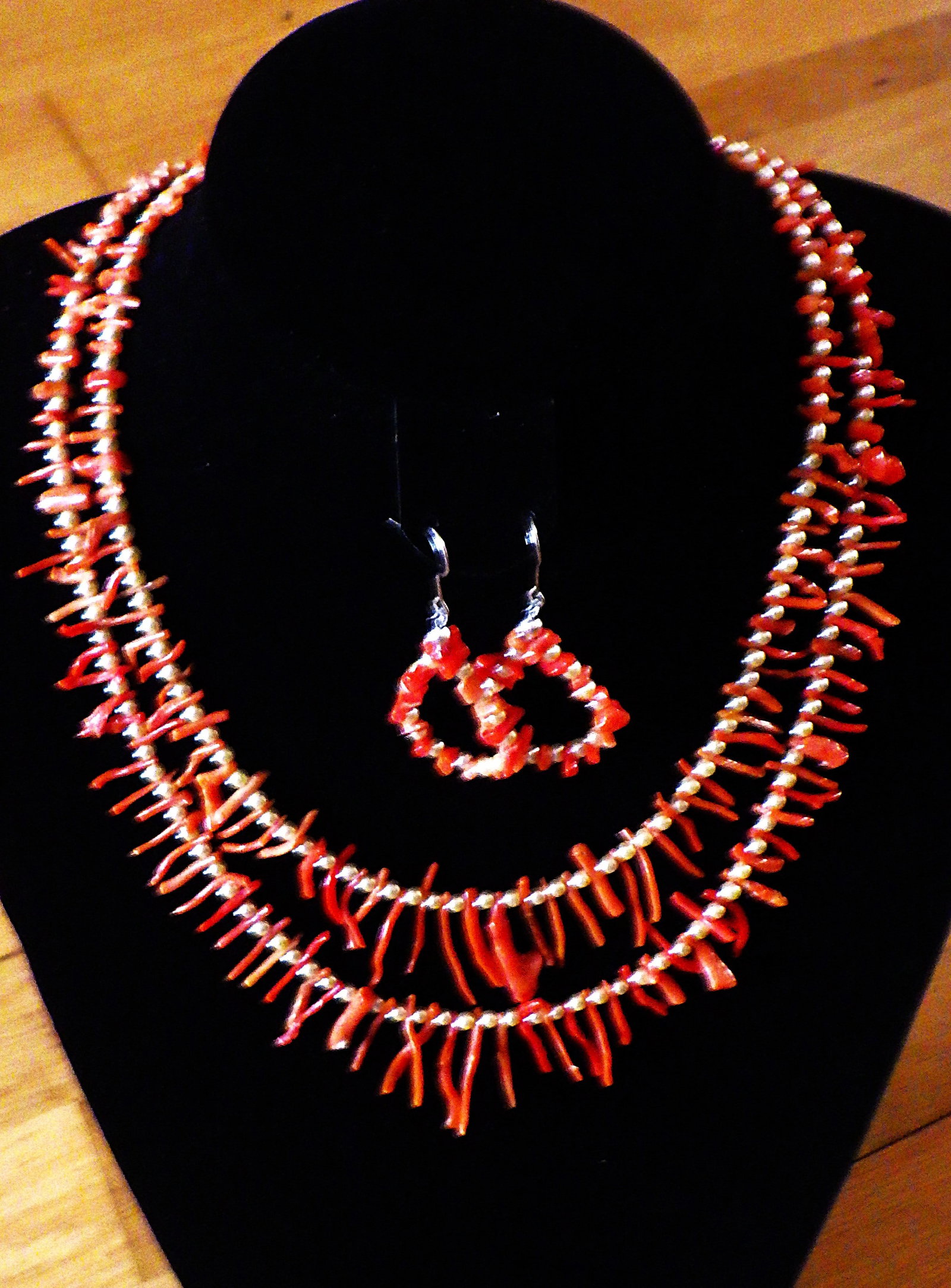 Vintage two row red coral & white pearl necklace & earrings set: Title: Vintage two row red coral & white pearl necklace & earrings set Description: A vintage two strand necklace and earrings set consisting of red coral and white pearls. Made and purchased