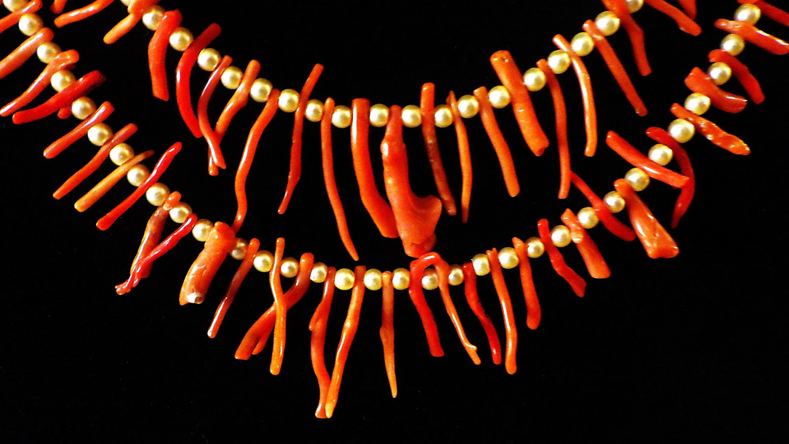 Vintage two row red coral & white pearl necklace & earrings set - 2