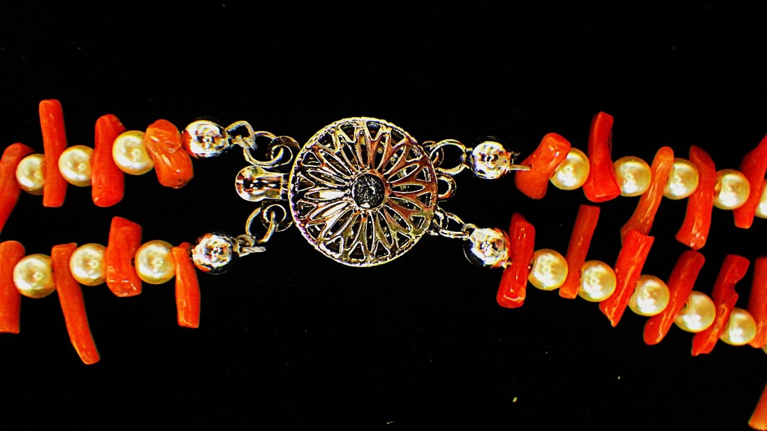 Vintage two row red coral & white pearl necklace & earrings set - 3