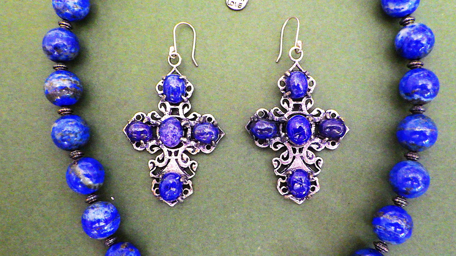 Lapis lazuli necklace & earrings set with large cross pendants. - 3