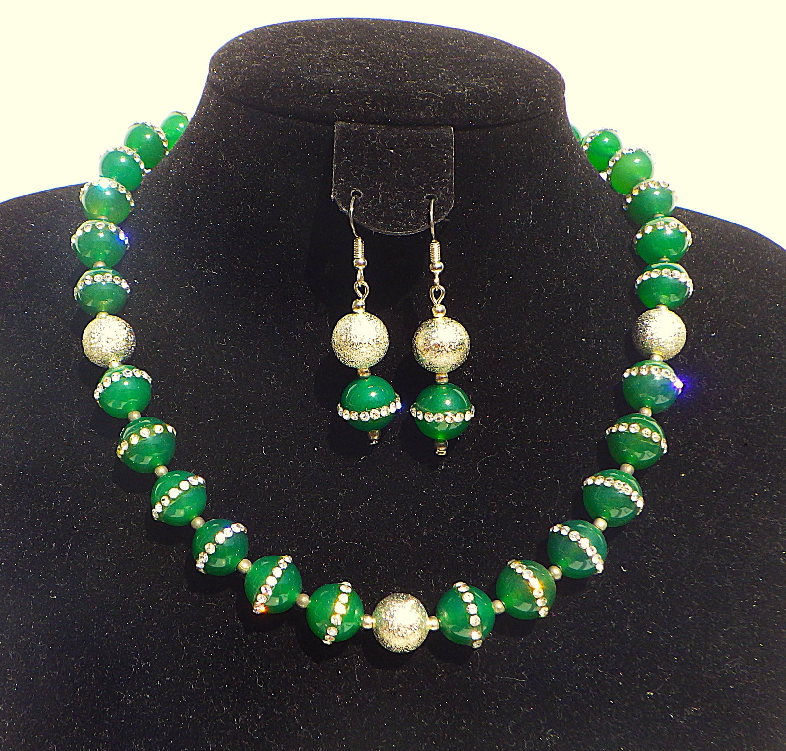 Green jade Necklace & earrings set with cubic zirconia: Title: Green jade Necklace & earrings set with cubic zirconia Description: A very elegant, sophisticated and uniquely created, green jade necklace and earrings set, adorned with cubic zirconia and
