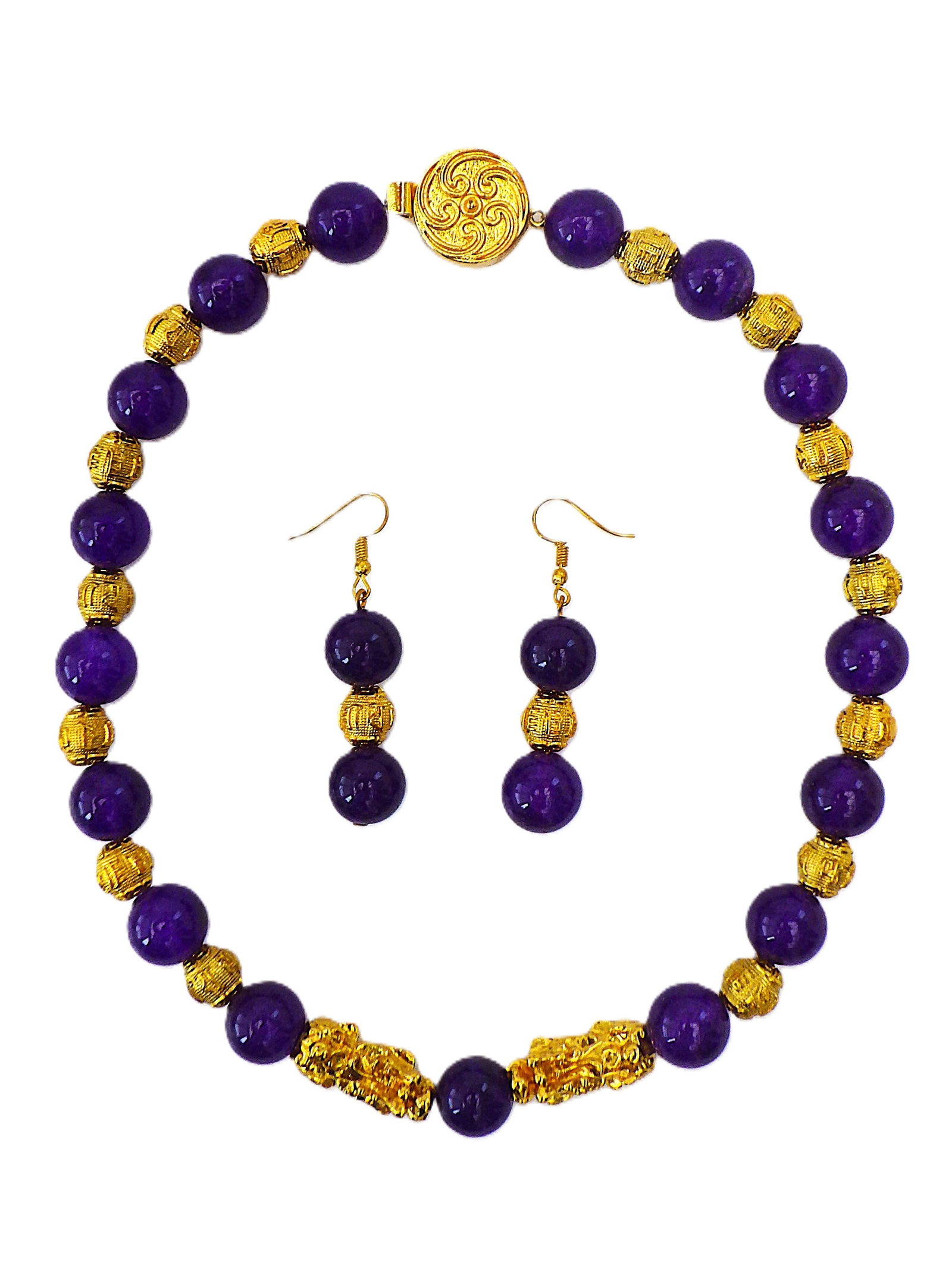 Chinese lavender jade necklace & earrings set with golden "pixius" - 4