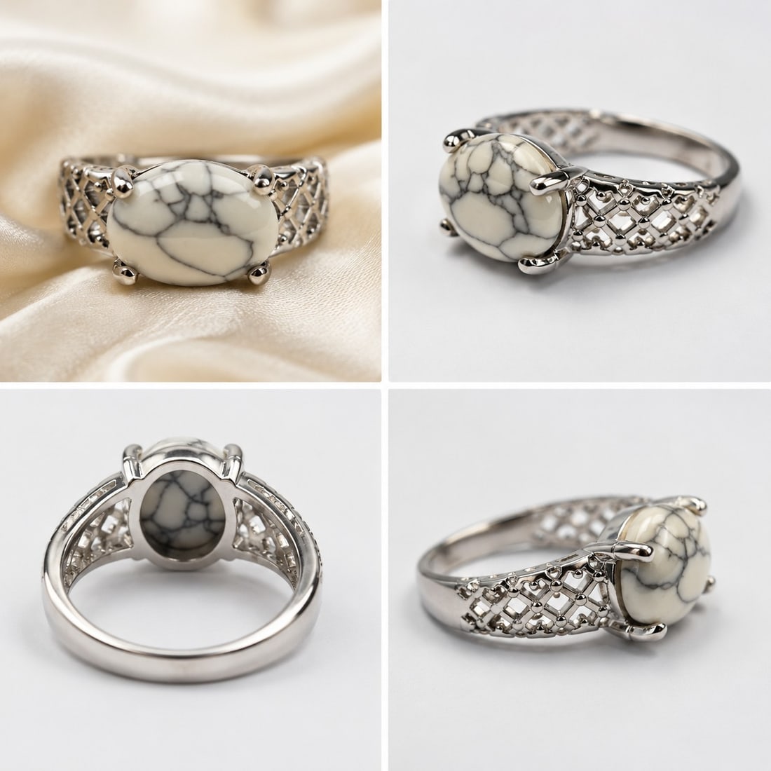 White Howlite Cabochon Ring – Silver Tone Metal Setting – Elegant Statement Ring: Title: White Howlite Cabochon Ring – Silver Tone Metal Setting – Elegant Statement Ring Description: Elegant size 18 ring featuring a polished white Howlite cabochon with distinctive gray