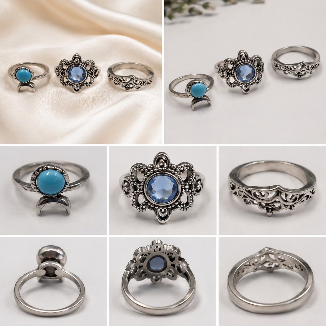 Set of 3 Fashion Rings – Silver Tone Metal – Turquoise Style, Blue Crystal & Vintage Fil: Title: Set of 3 Fashion Rings – Silver Tone Metal – Turquoise Style, Blue Crystal & Vintage Filigree Design Description: Elegant set of three silver-tone metal fashion rings featuring