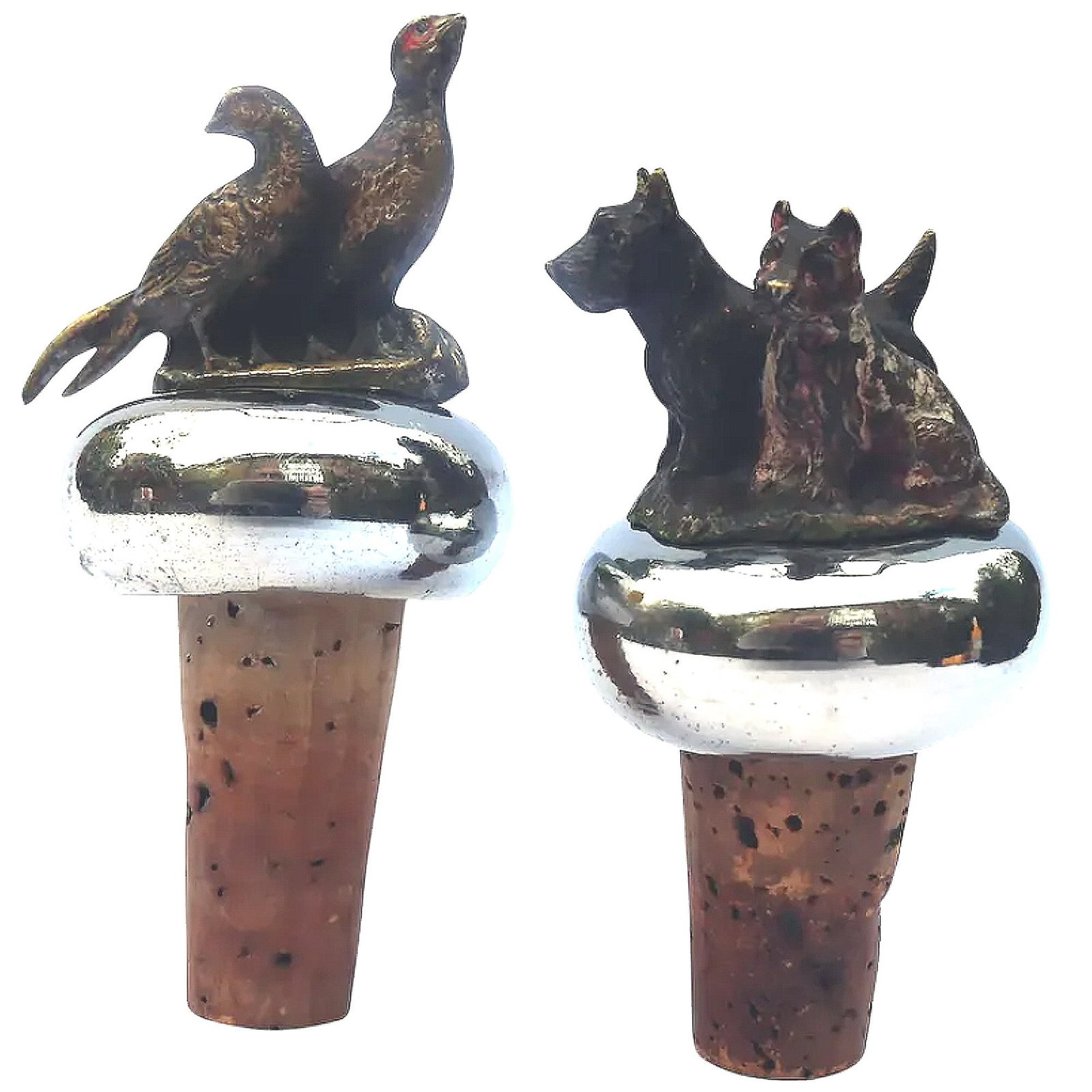 A pair of antique cold painted bronze novelty animal Bottle Stoppers C.1900: Title: A pair of antique cold painted bronze novelty animal Bottle Stoppers C.1900 Description: An antique pair of cold-painted bronze novelty Bottle Stoppers one with a pair of pheasants, the ot