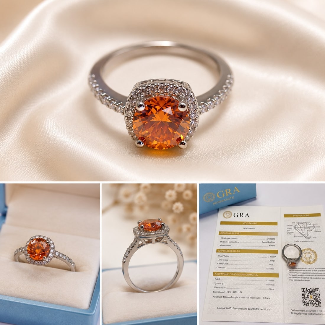 925 Sterling Silver Adjustable Ring with 2.0 ct Orange Moissanite – GRA Certified: Title: 925 Sterling Silver Adjustable Ring with 2.0 ct Orange Moissanite – GRA Certified Description: Elegant adjustable ring crafted from genuine 925 sterling silver, featuring a brilliant 2.0