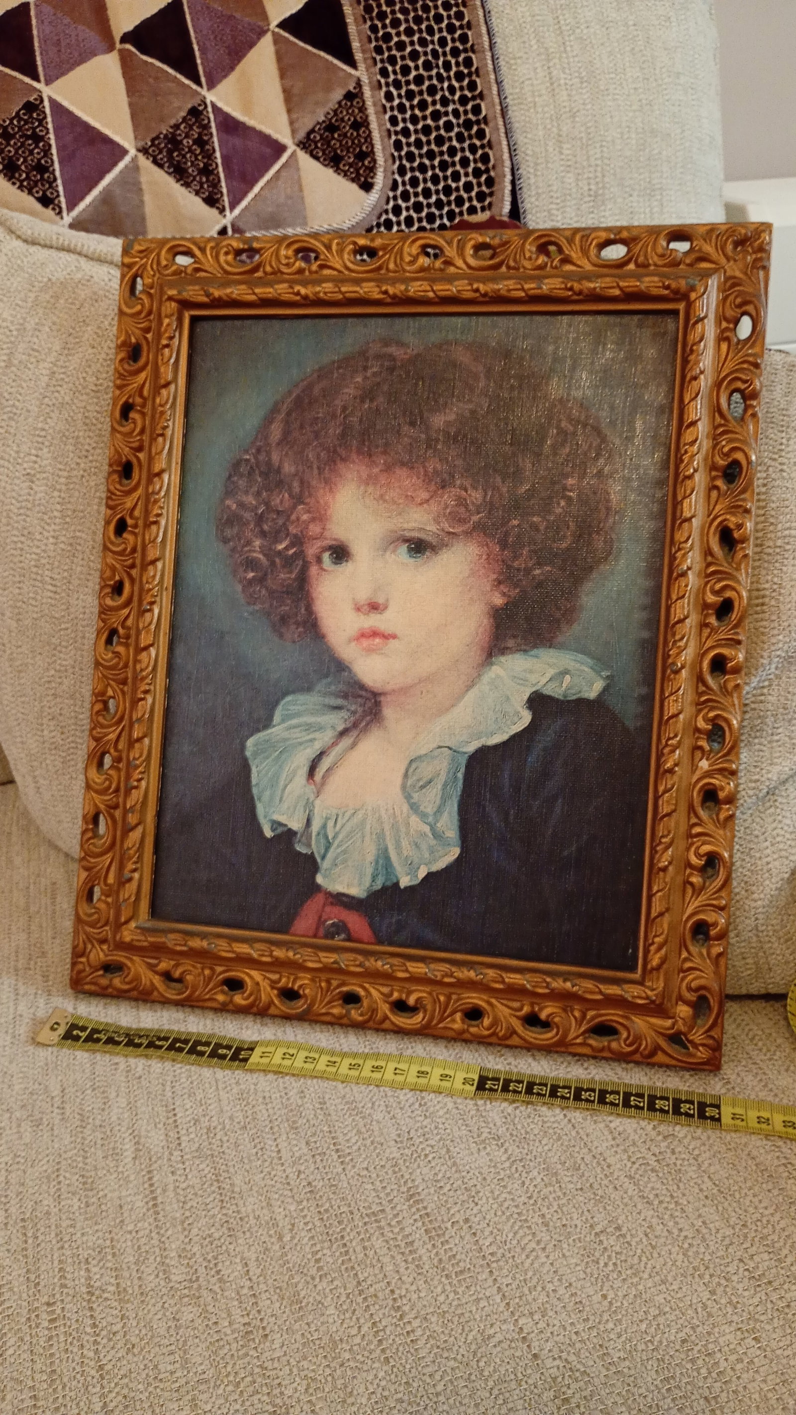 Ornate giltwood-framed portrait of a young child with abundant curly auburn-brown hair and blue e...: Title: Ornate giltwood-framed portrait of a young child with abundant curly auburn-brown hair and blue eyes Description: Portrait painting signed E Bond, medium size (approx. 30–60 cm), goo