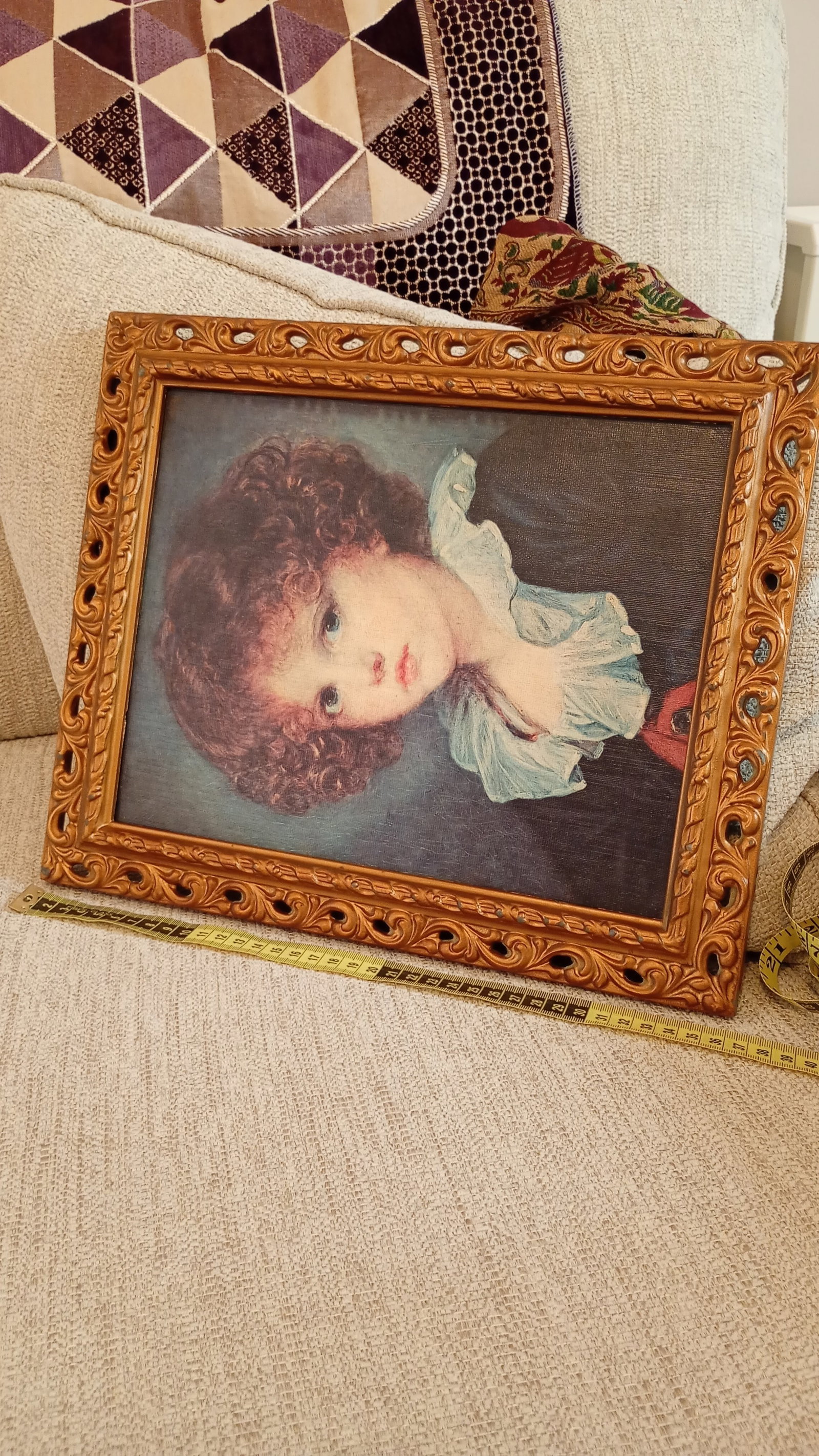 Ornate giltwood-framed portrait of a young child with abundant curly auburn-brown hair and blue e... - 2
