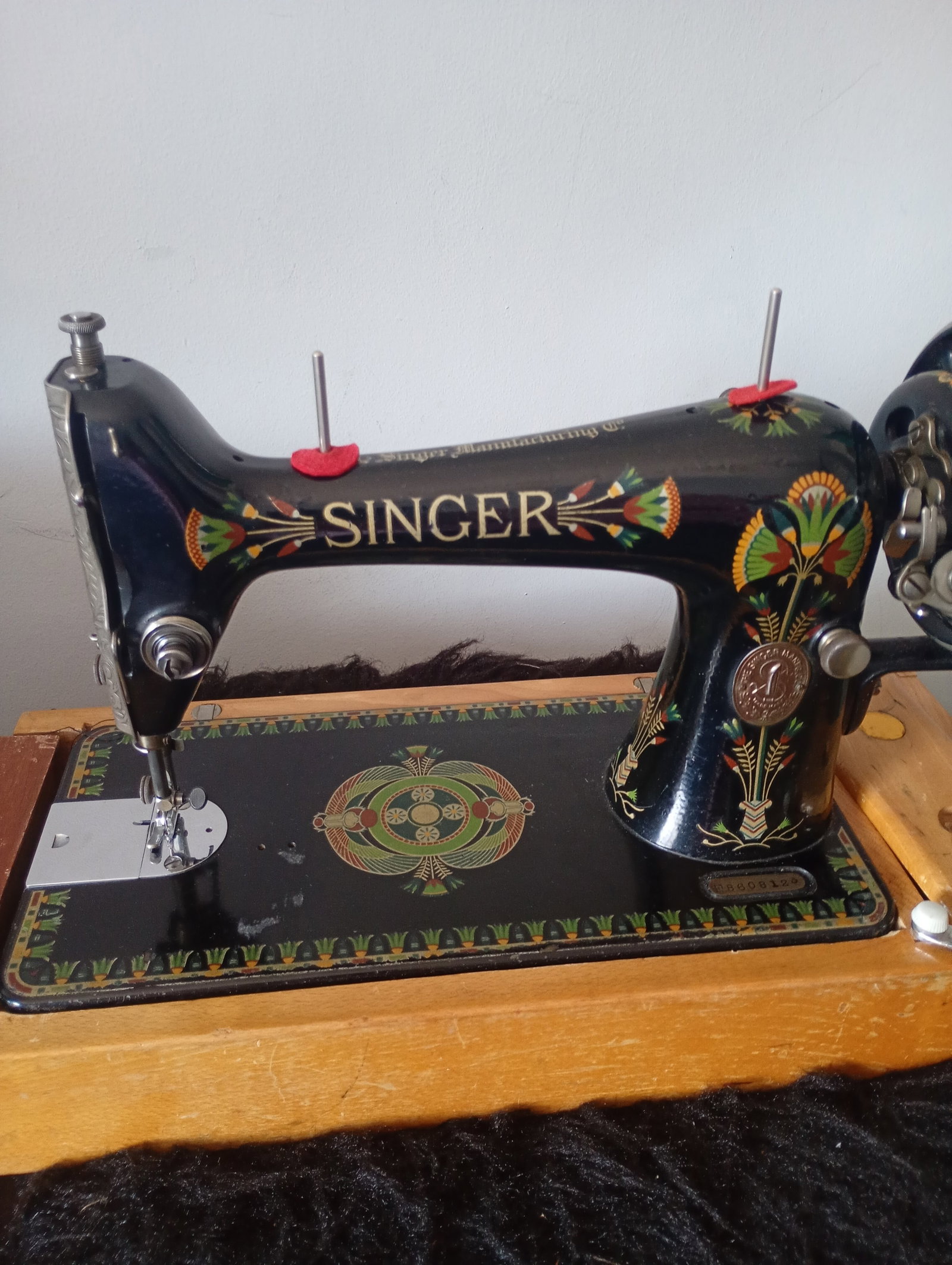 Vintage Singer Model 66 hand-crank sewing machine in black japanned finish with colourful Egyptia... (1 of 5)