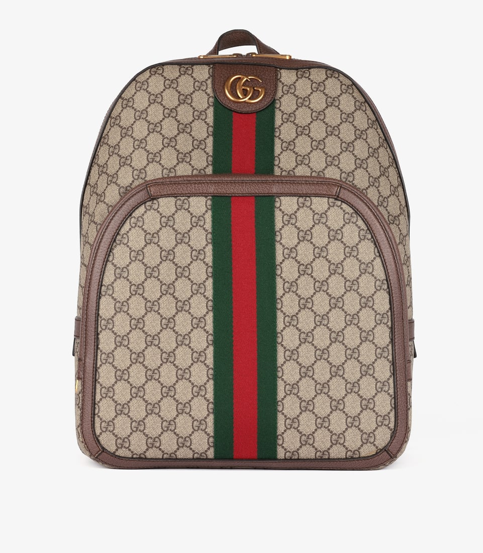 Gucci Beige GG Supreme Coated Canvas & Brown Pigskin Leather Web Ophidia Backpack: Title: Gucci Beige GG Supreme Coated Canvas & Brown Pigskin Leather Web Ophidia Backpack Description: Gucci Beige GG Supreme Coated Canvas & Brown Pigskin Leather Web Ophidia Bac