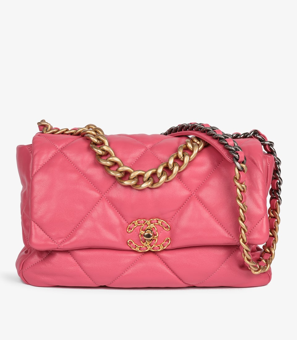 Chanel Pink Quilted Lambskin Large 19 Flap Bag: Title: Chanel Pink Quilted Lambskin Large 19 Flap Bag Description: Chanel Pink Quilted Lambskin Large 19 Flap Bag Product Details HB5187 Brand: Chanel Model: Large 19 Flap Bag Type: Top