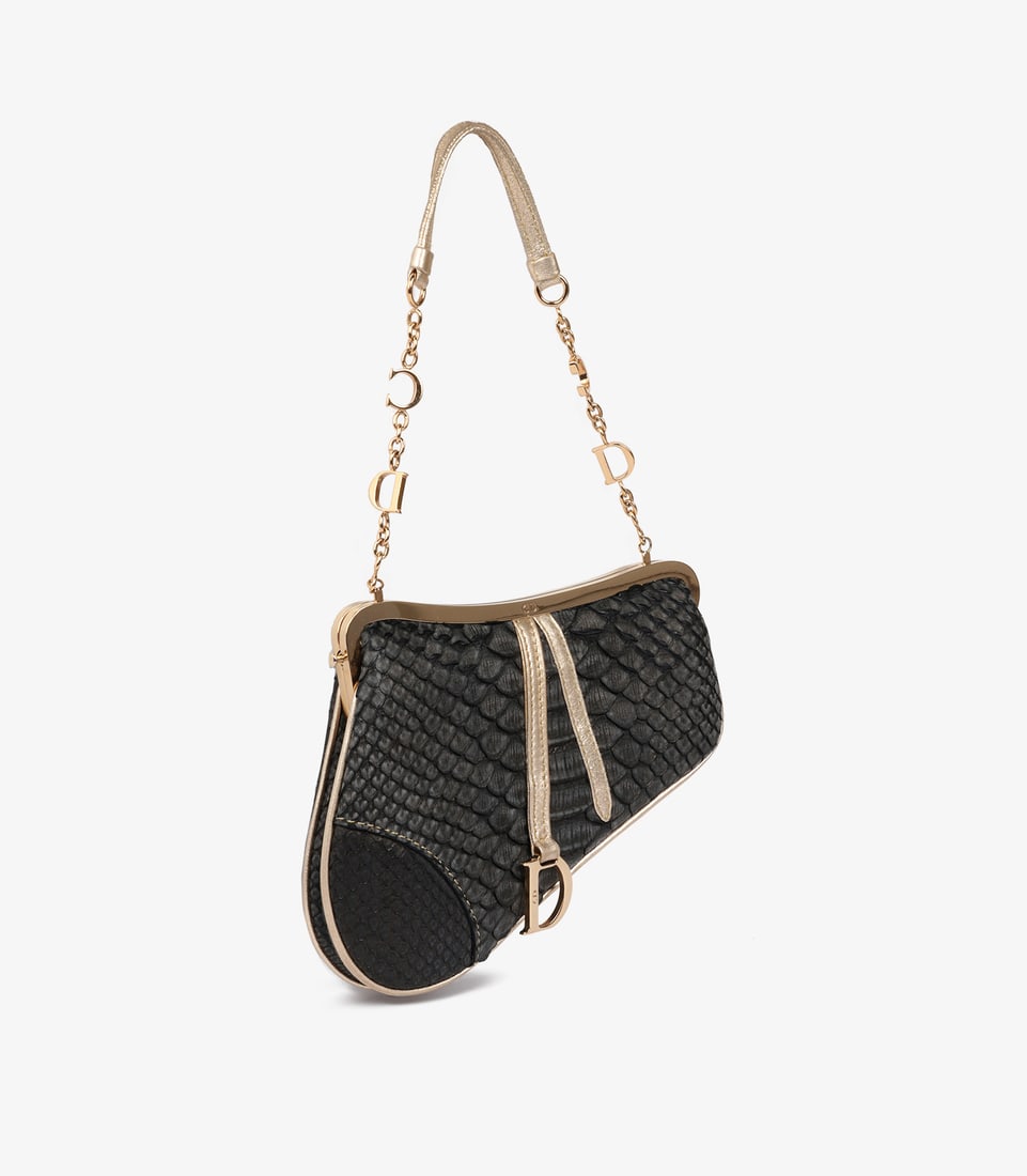 Christian Dior Metallic Black Snakeskin & Gold Calfskin Leather Vintage Mini Saddle Bag - 3
