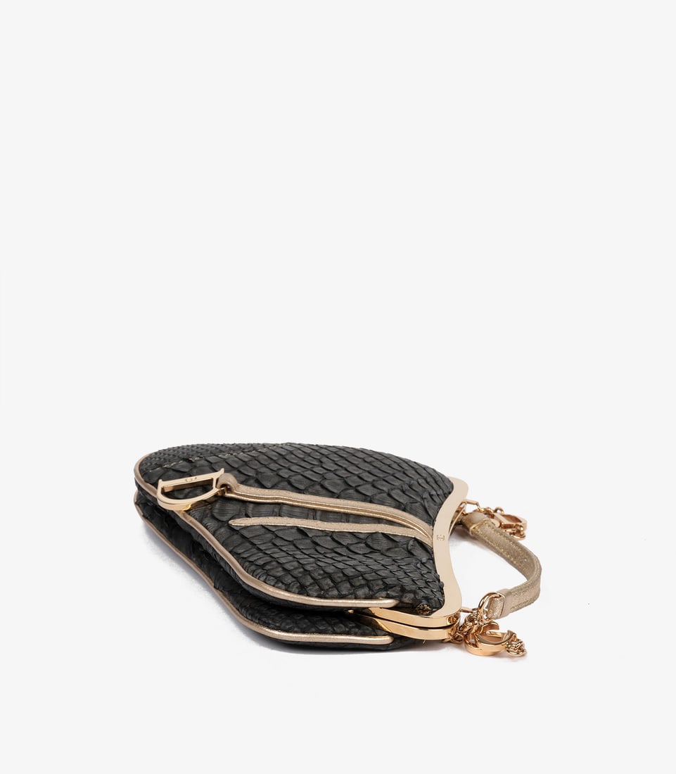 Christian Dior Metallic Black Snakeskin & Gold Calfskin Leather Vintage Mini Saddle Bag - 4