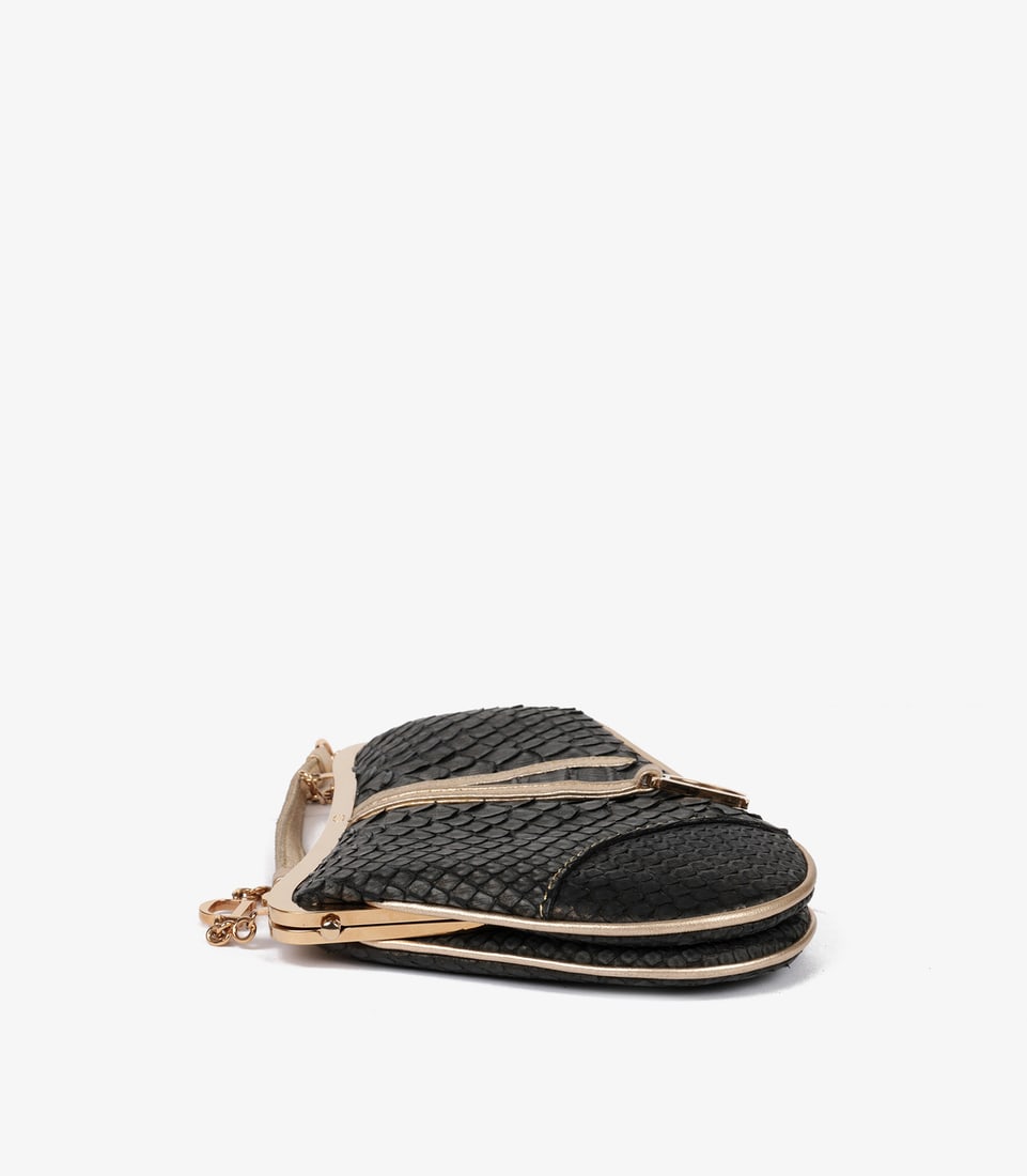 Christian Dior Metallic Black Snakeskin & Gold Calfskin Leather Vintage Mini Saddle Bag - 5