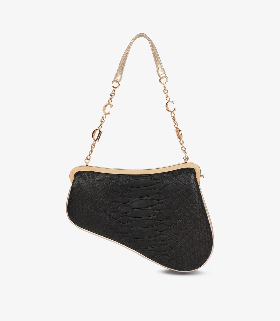 Christian Dior Metallic Black Snakeskin & Gold Calfskin Leather Vintage Mini Saddle Bag - 6