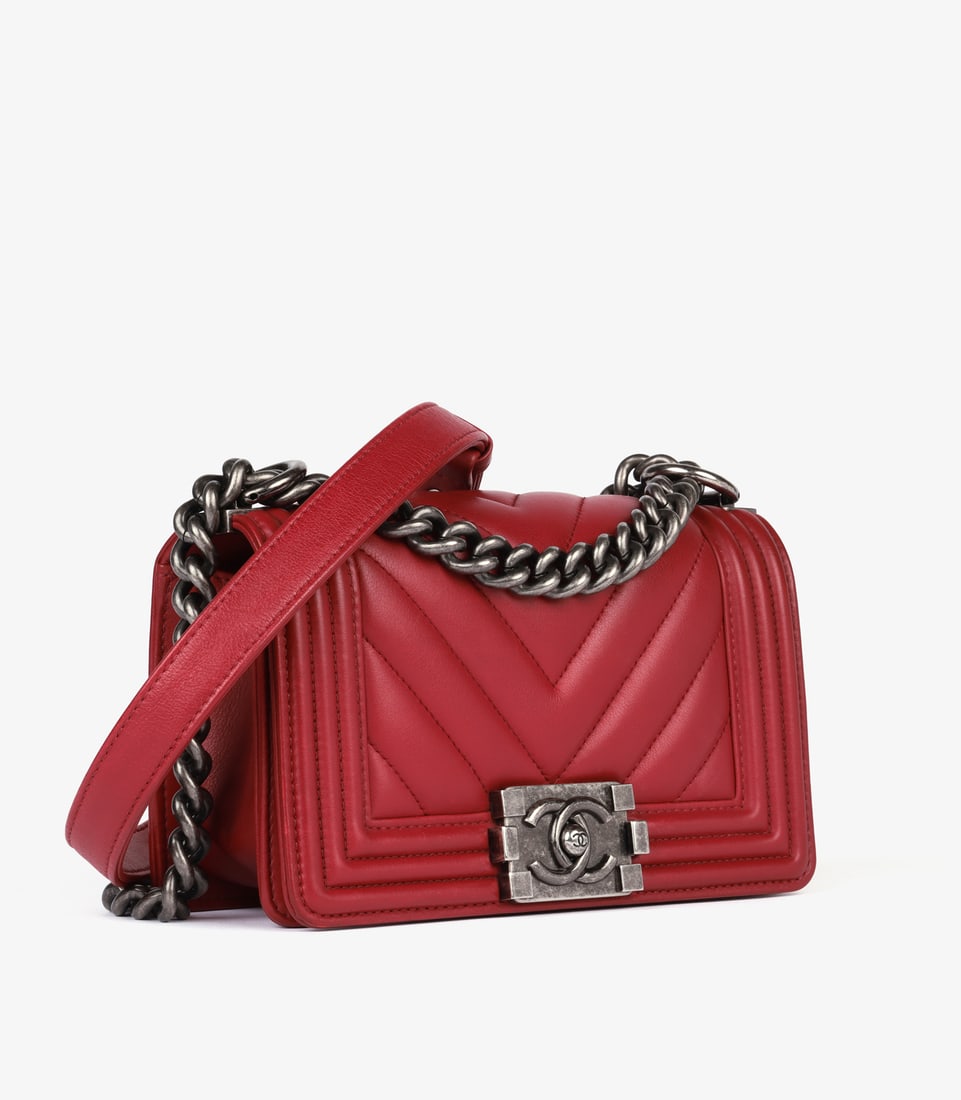 Chanel Dark Red Chevron Quilted Lambskin Leather Small Le Boy Bag - 3