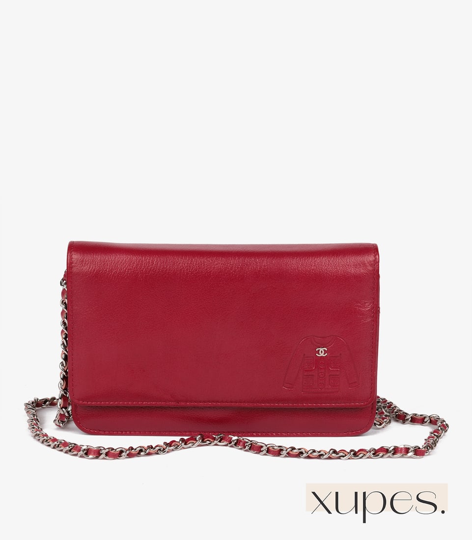 Chanel Red Goatskin Leather Mademoiselle Jacket Embossed Wallet-on-Chain WOC - 13