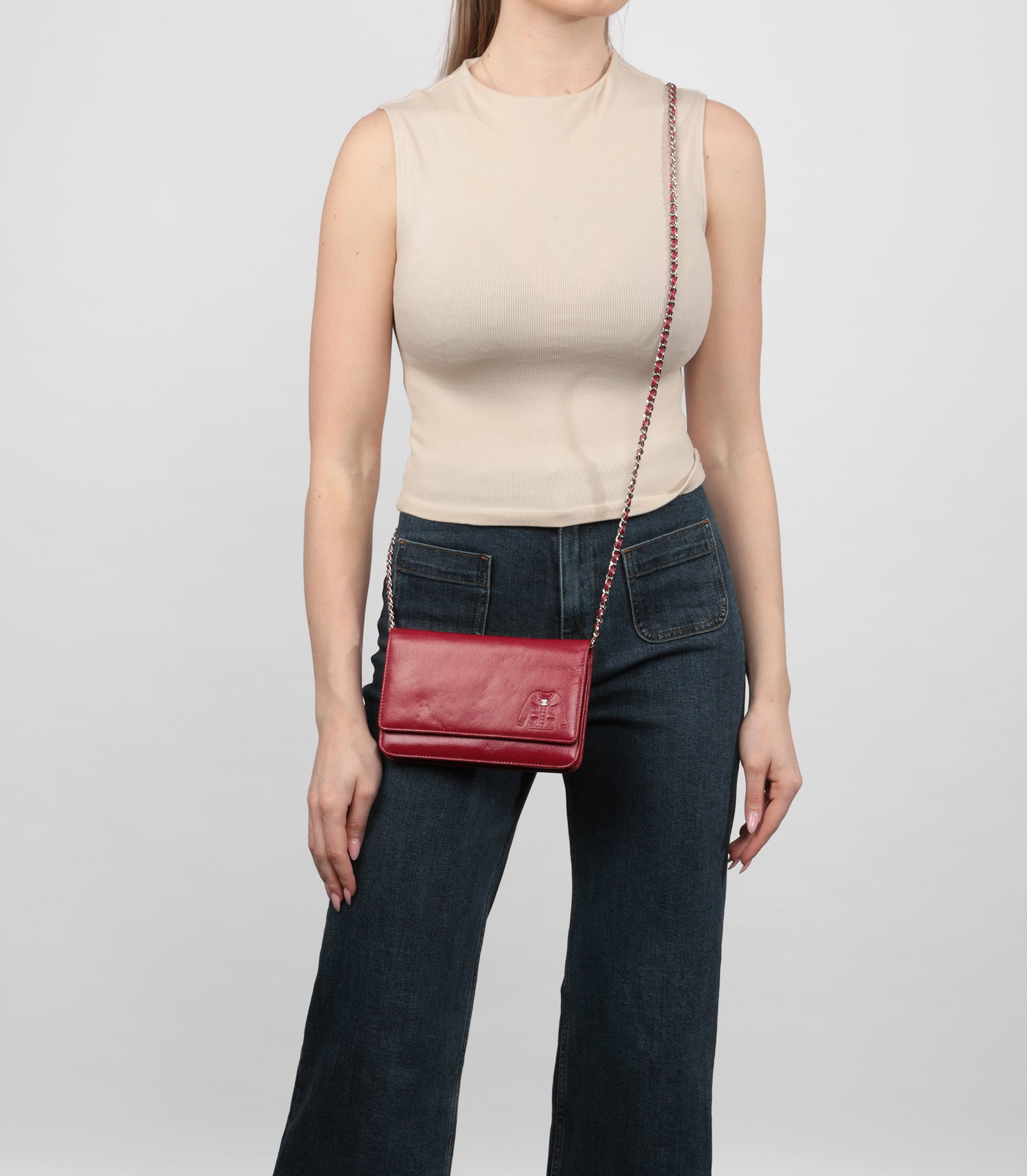 Chanel Red Goatskin Leather Mademoiselle Jacket Embossed Wallet-on-Chain WOC - 2