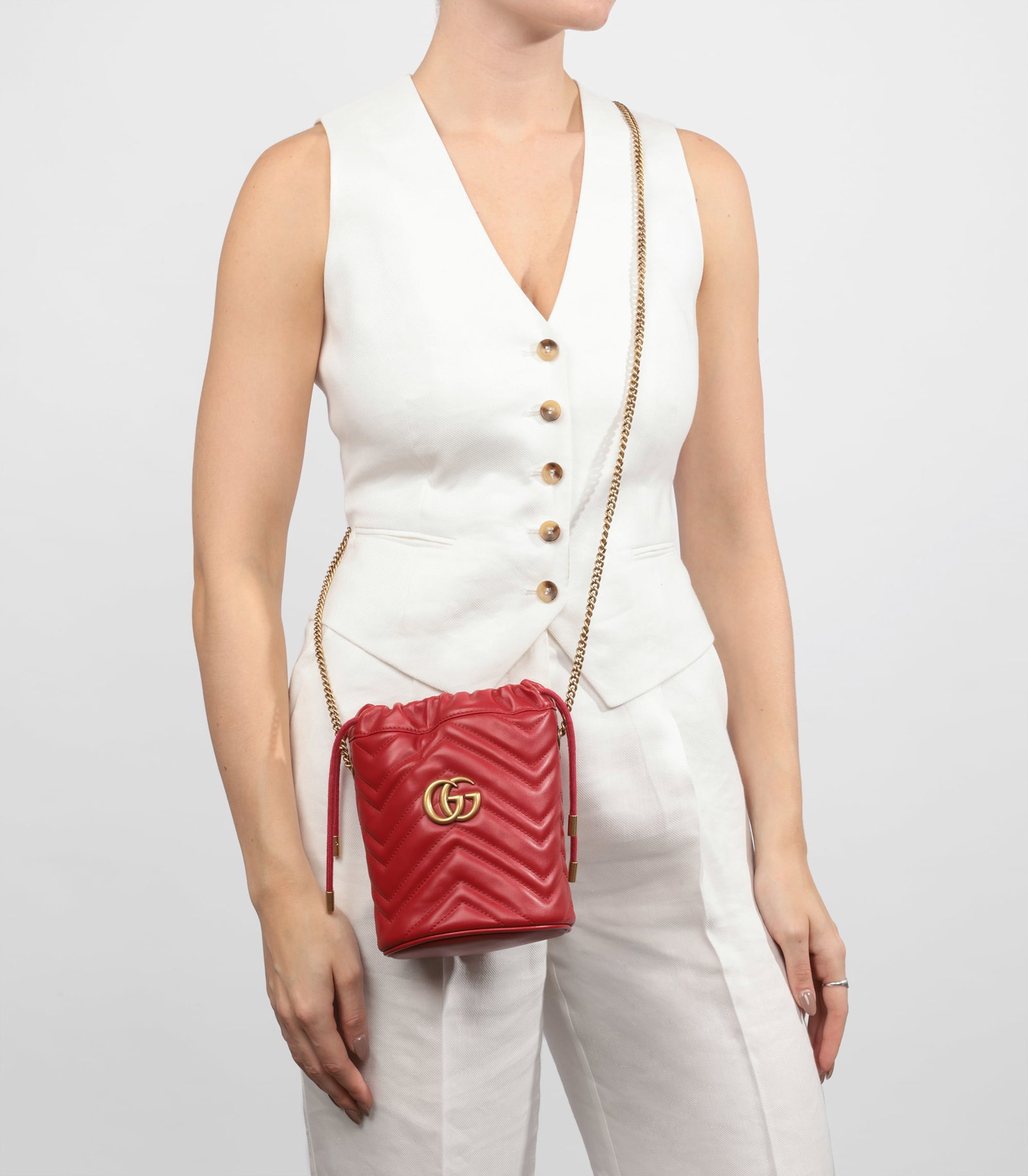 Gucci Red Chevron Quilted Calfskin Leather GG Marmont Mini Bucket Bag - 2