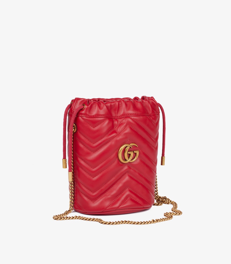 Gucci Red Chevron Quilted Calfskin Leather GG Marmont Mini Bucket Bag - 6