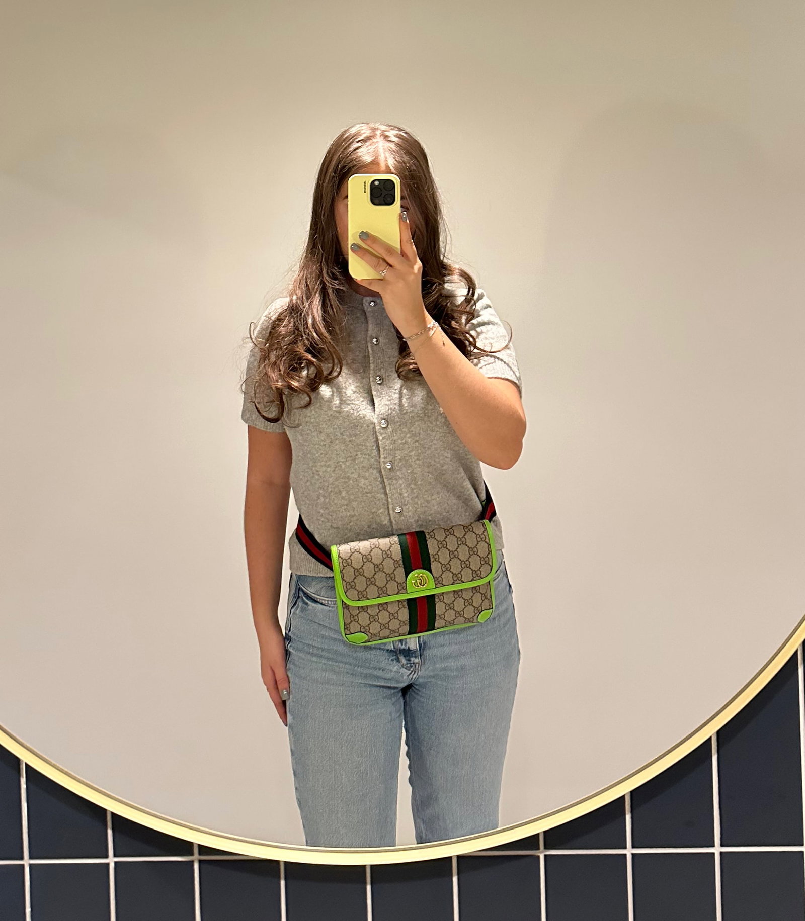 Gucci Beige GG Supreme Coated Canvas & Neon Green Pigskin Leather Small Ophidia Belt Bag - 2
