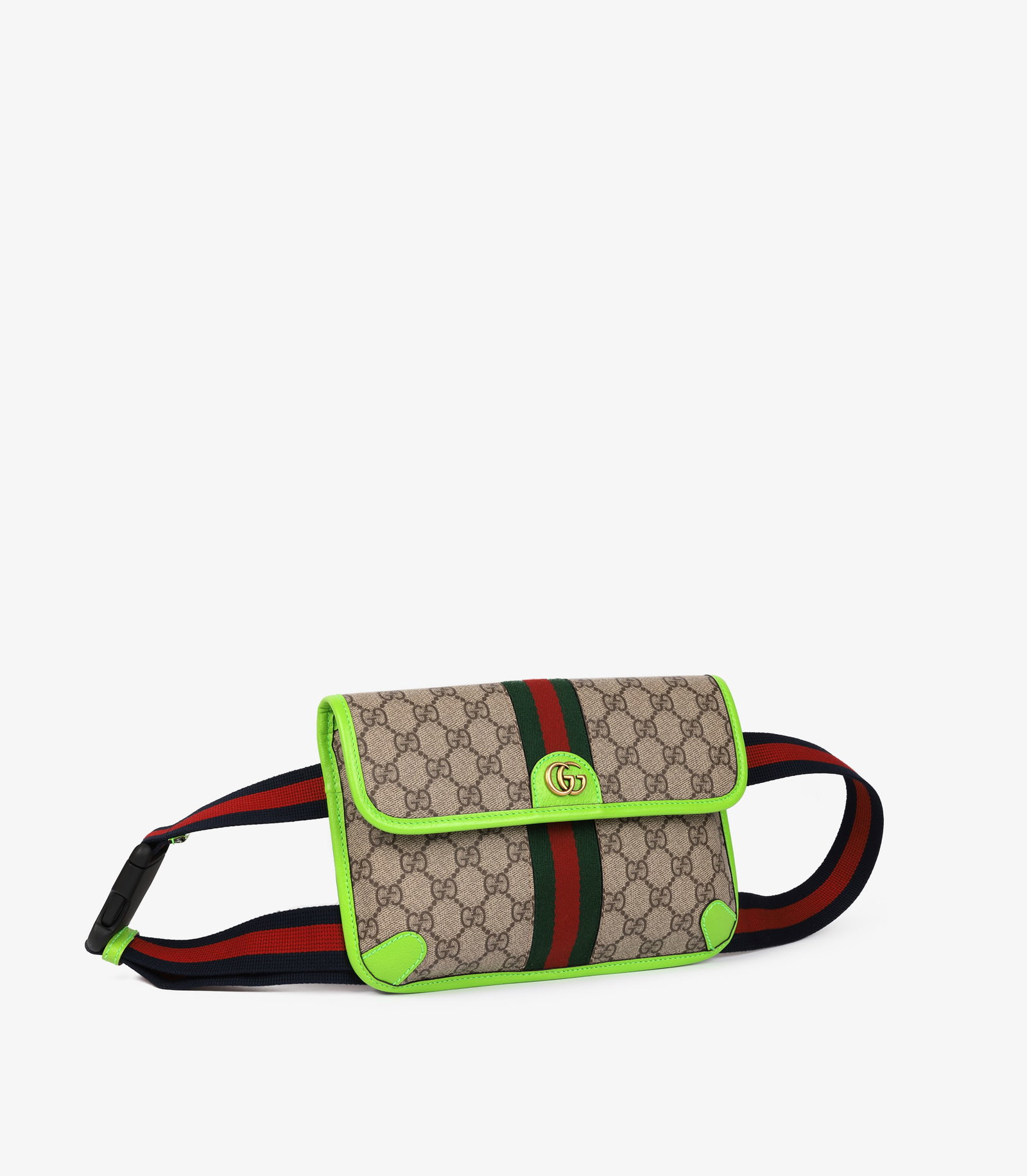 Gucci Beige GG Supreme Coated Canvas & Neon Green Pigskin Leather Small Ophidia Belt Bag - 3
