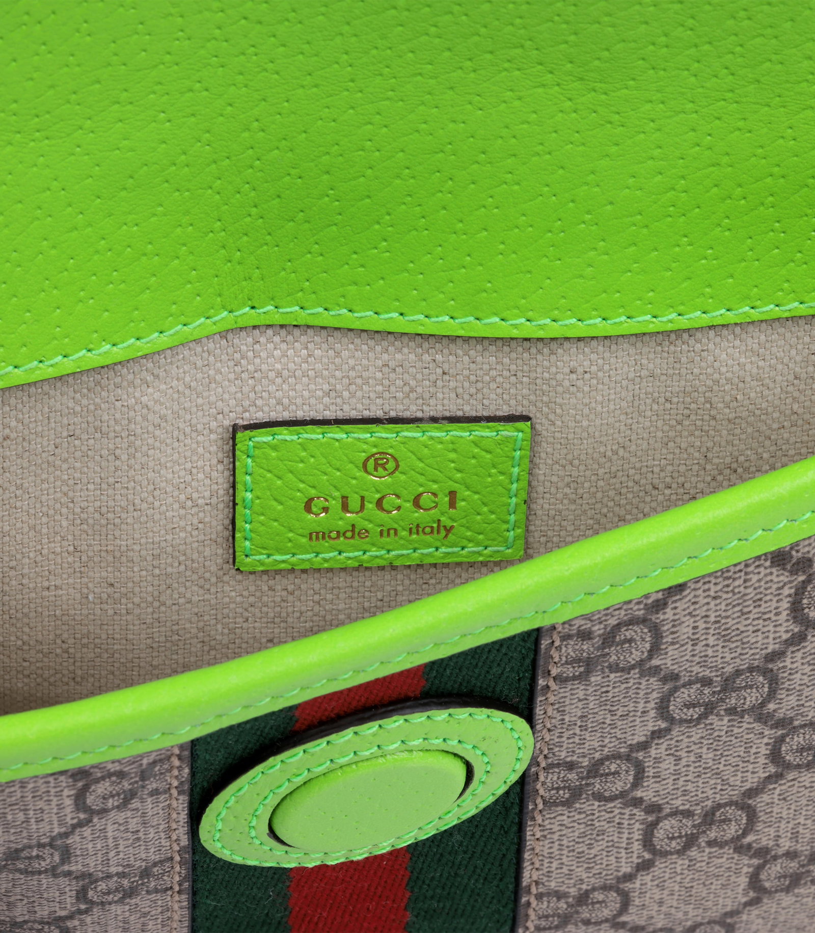 Gucci Beige GG Supreme Coated Canvas & Neon Green Pigskin Leather Small Ophidia Belt Bag - 9