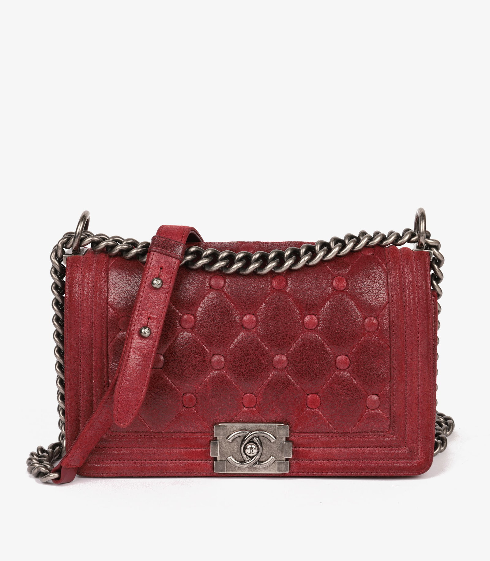 Chanel Red Chesterfield Padding Distressed Goatskin Leather Celtic Medium Le Boy Bag: Title: Chanel Red Chesterfield Padding Distressed Goatskin Leather Celtic Medium Le Boy Bag Description: Chanel Red Chesterfield Padding Distressed Goatskin Leather Celtic Medium Le Boy Bag