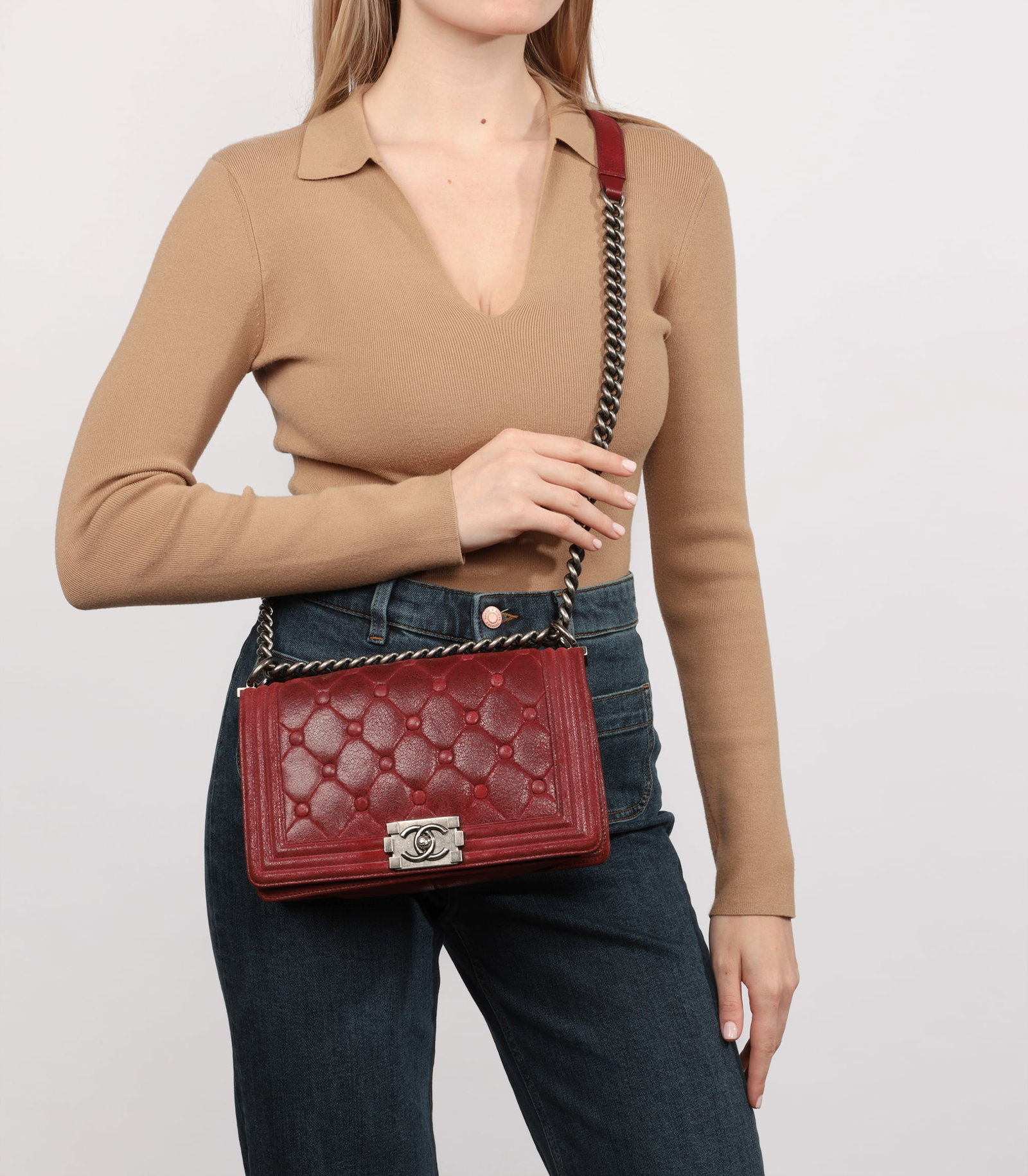 Chanel Red Chesterfield Padding Distressed Goatskin Leather Celtic Medium Le Boy Bag - 2