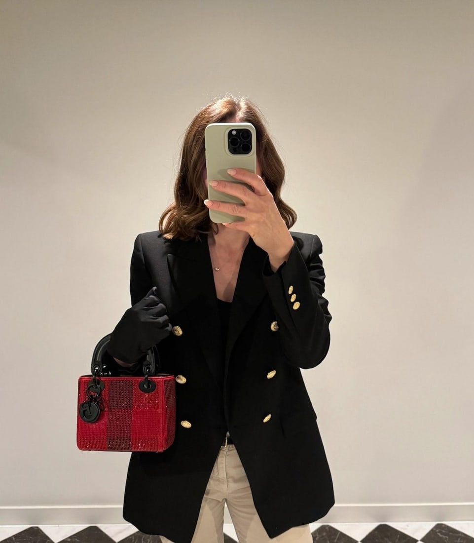 Christian Dior Black & Red Check Embellished Lambskin Leather Mini Lady Dior - 2